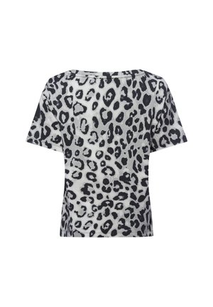 Short-sleeve, round-neck t-shirt in soft fabric, featuring a black and white leopard print pattern. Back view shows relaxed fit and clean lines.