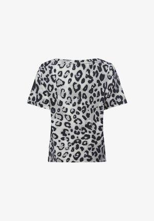 Korte mouwen, ronde hals t-shirt van zachte stof, met een zwart-witte luipaardprint. De achterkant toont een relaxte pasvorm en strakke lijnen.
