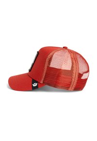 Red cap with a solid front and mesh back, featuring a curved brim and a logo patch on the front. Black accent on the side.