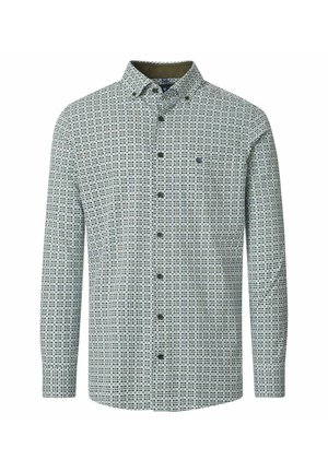 Langarm overhemd met een klein vierkant patroon in grijs, zwart en wit, met een button-down kraag en een subtiel logo op de borst.