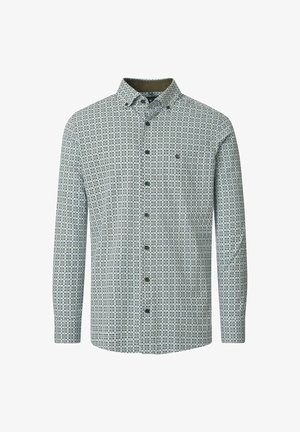 Langarm-Hemd mit einem kleinen Quadratmuster in Grau, Schwarz und Weiß, ausgestattet mit einem Button-Down-Kragen und einem dezenten Logo auf der Brust.