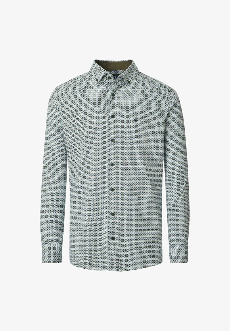 Langarm overhemd met een klein vierkant patroon in grijs, zwart en wit, met een button-down kraag en een subtiel logo op de borst.