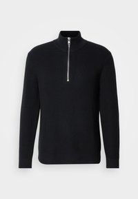 Sort, ribbet strikket sweater med høj krave og kort lynlås. Har lange ærmer og en lige kant med ribbede manchetter.