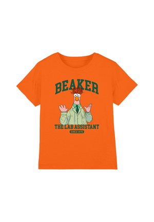 Orange T-shirt with graphic of Beaker from The Muppets wearing a lab coat, and text saying "Beaker The Lab Assistant Since 1976."