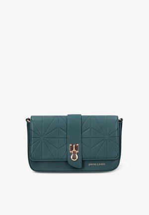 Borsa a tracolla in similpelle color verde petrolio con design trapuntato geometrico, dettagli in oro e chiusura a patta con meccanismo a scatto.