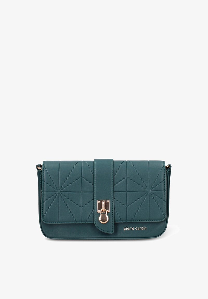 Borsa a tracolla in similpelle color verde petrolio con design trapuntato geometrico, dettagli in oro e chiusura a patta con meccanismo a scatto.