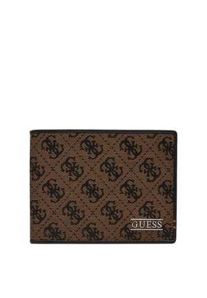 Portafoglio Guess marrone e nero con motivo a logo ripetuto e targhetta metallica Guess nell'angolo in basso a destra.