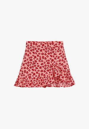 Falda floral con un fondo rosa y flores rojas, con un dobladillo con volantes y cinturilla elástica para un ajuste cómodo.