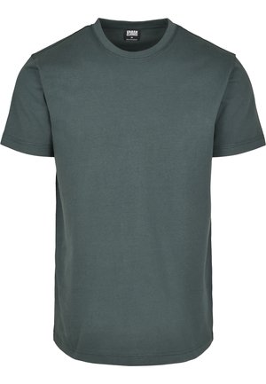Tmavě zelené tričko s krátkým rukávem z bavlny s kulatým výstřihem. Má jednoduchý design a švy jsou zdobeny prošitím.