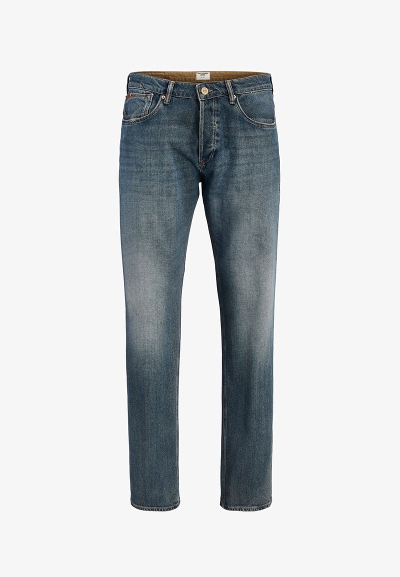 Ανδρικά μπλε ξεθωριασμένα τζιν με ίσια γραμμή, πέντε τσέπες και κλείσιμο με κουμπιά, παρουσιάζονται σε λευκό φόντο.