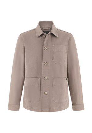 Leichte taubengraue Bluse aus Baumwolle mit Knopfleiste. Verfügt über einen Kragen, Fronttaschen und ein schlichtes Design mit subtiler Textur.