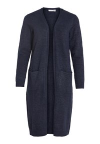 Μακρύ, σκούρο ναυτικό κα cardigan φτιαγμένο από μαλακό πλεκτό ύφασμα, με ανοιχτό μπροστινό σχέδιο, δύο μπροστινές τσέπες και ριμπ μανσέτες. Χωρίς κούμπωμα.