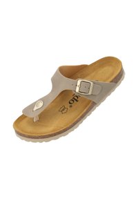 Lichtgrijze teenslipper met een textuur bovenkant, verstelbare metalen gespsluiting en een bruine kurken voetbed, met een rubberen loopzool voor grip.