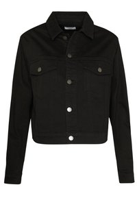 Černá džínová bunda s límcem, zapínáním na knoflíky a dvěma náprsními kapsami. K dispozici jsou stříbrné kovové knoflíky a zkrácený design.