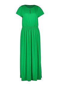 Zelené maxi šaty s krátkými rukávy, kulatým výstřihem, detaily ve tvaru klíčové dírky vpředu a elastickým smockovaným pasem. Hladká, splývavá látka.