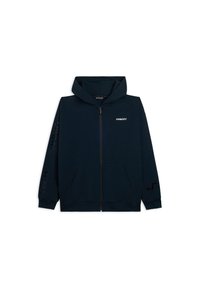 Felpa con zip blu navy, con tasche frontali e cappuccio, logo "FREDDY" sul petto e testo "URBAN TECH" sulle maniche, su sfondo bianco.