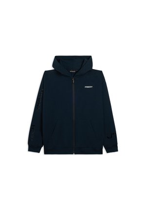 Sudadera con cremallera en azul marino, con bolsillos frontales, capucha y el logo "FREDDY" en el pecho, texto "URBAN TECH" en las mangas, todo sobre un fondo blanco.