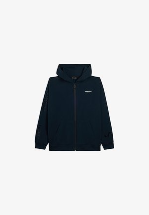 Sudadera con cremallera en azul marino, con bolsillos frontales, capucha y el logo "FREDDY" en el pecho, texto "URBAN TECH" en las mangas, todo sobre un fondo blanco.