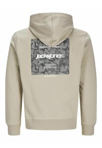 Beige hoodie with a textured gray graphic on the back, featuring the brand logo and text. The design includes a drawstring hood and ribbed cuffs.