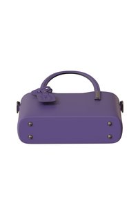 Purple leather handbag with a rounded body, sturdy handles, accents, and a tag. Smooth texture, secured with metallic hardware and studs.