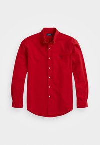Camicia rossa a maniche lunghe con bottoni, realizzata in cotone. Presenta un colletto classico, orlo arrotondato e un piccolo logo ricamato sul petto.