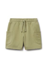 Khaki zelené šortky vyrobené z měkké tkaniny, s elastickým pasem, šňůrkou a dvěma bočními kapsami s zaoblenými rohy.