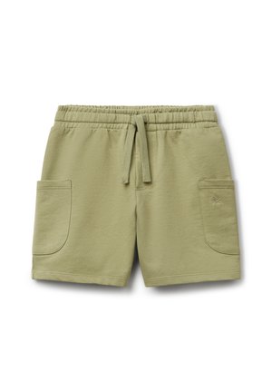 Khaki zielone szorty wykonane z miękkiego materiału, z elastycznym pasem, sznurkiem i dwiema bocznymi kieszeniami z zaokrąglonymi rogami.