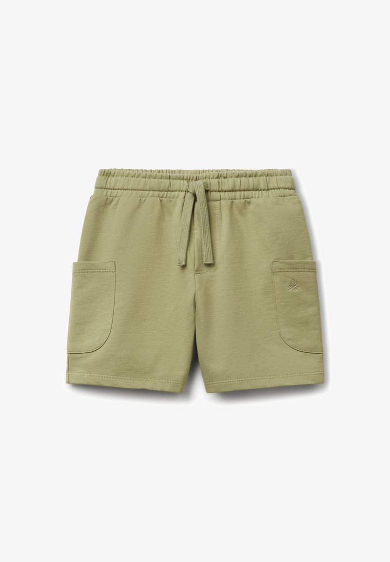 Shorts verts kaki en tissu doux, dotés d'une taille élastique, d'un cordon de serrage et de deux poches latérales aux coins arrondis.