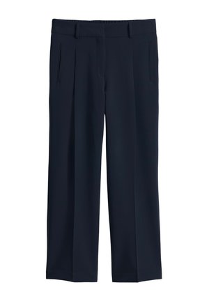 Pantaloni blu navy realizzati in tessuto liscio, con un design a gamba dritta, due tasche frontali e una vita piatta con passanti per la cintura.