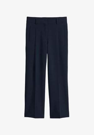 Navy blue trousers made from smooth fabric, featuring a straight leg design, two front pockets, and a flat waistband with belt loops.