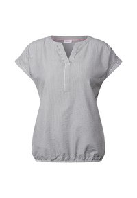 Striped blouse with a loose fit, short sleeves, and a V-neckline. Features gathered hem and a soft cotton blend in gray and white.