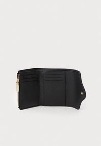 Black leather wallet with a textured surface, featuring multiple card slots and a zippered compartment, detailed with gold hardware.