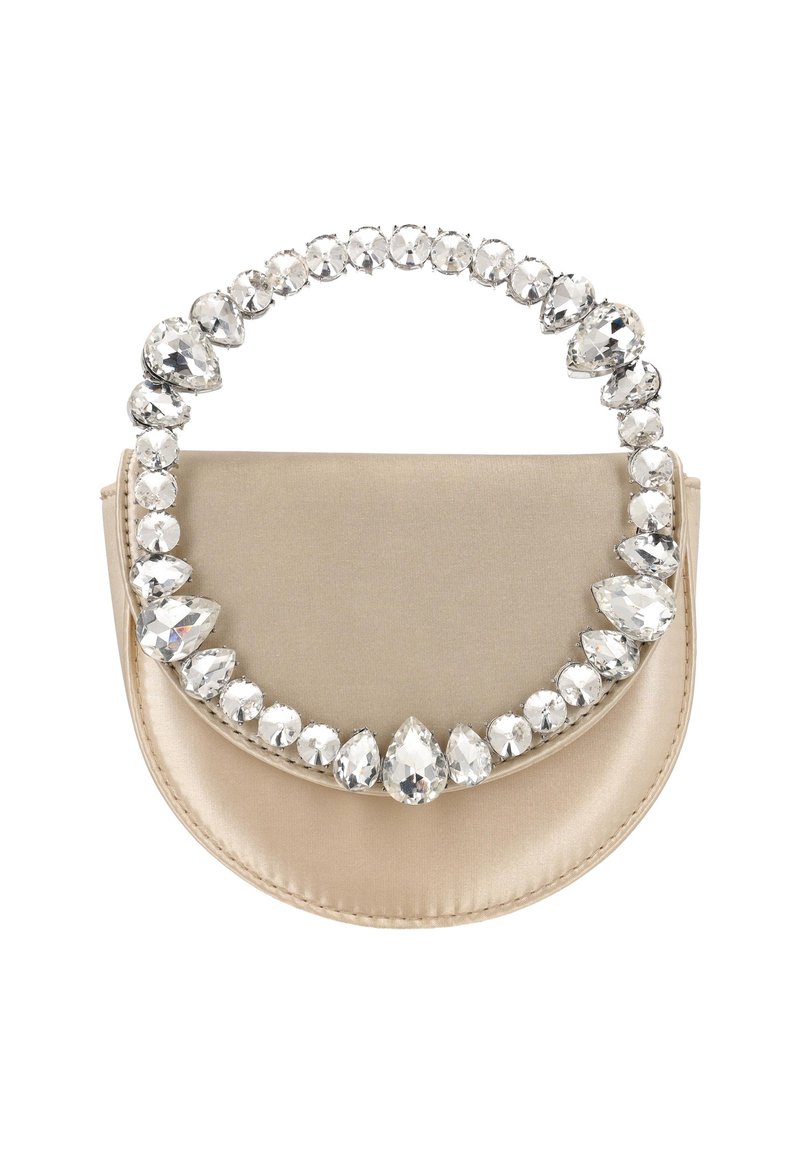 Beige Satin-Handtasche mit geschwungenem Design, ausgestattet mit einem Griff, der mit klaren, tropfenförmigen Strasssteinen und runden Akzenten verziert ist.