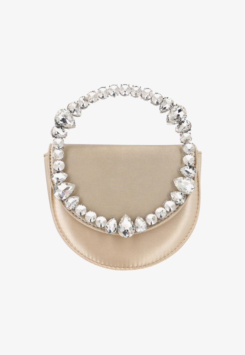 Beige Satin-Handtasche mit geschwungenem Design, ausgestattet mit einem Griff, der mit klaren, tropfenförmigen Strasssteinen und runden Akzenten verziert ist.