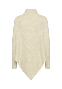Poncho de crem deschis cu guler înalt, având un model de tricot texturat și un tiv triangular, destinat unei croieli lejere.
