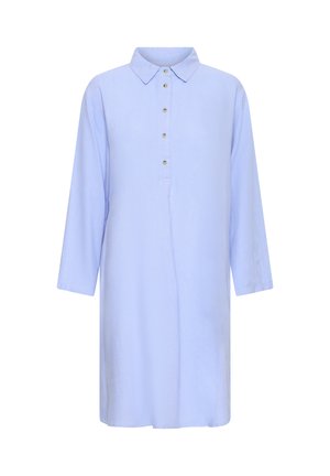 Svetlo modra obleka s srajčnim ovratnikom in dolgimi rokavi ter s petimi gumbi na zgornjem srednjem delu spredaj.
