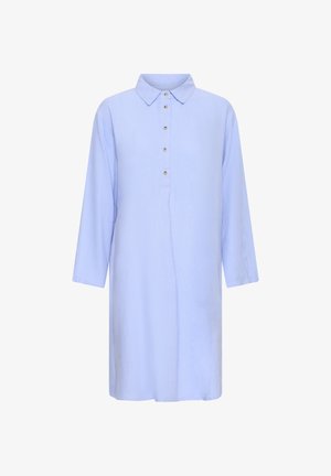 Világoskék, hosszú ujjú ingruha gallérral és öt gombbal a felső középső részen.