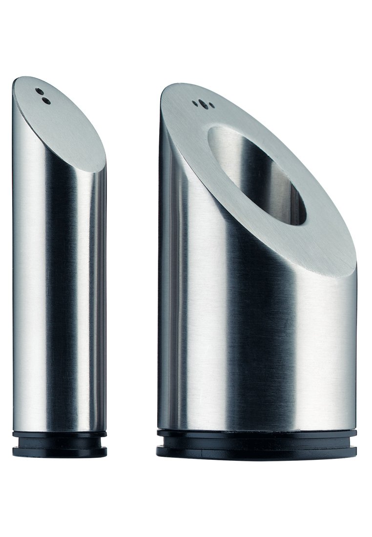 Edelstahl Salz- und Pfefferstreuer, zylindrisch mit mattem Finish, mit runden Öffnungen und schwarzen Kunststoffbasen.