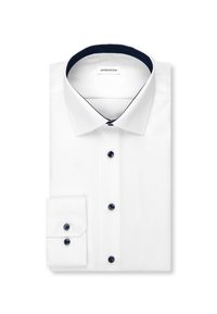 Wit overhemd voor mannen met marineblauwe knopen en binnenkant van de kraag afgewerkt met marineblauw, netjes gevouwen, met een klassieke kraag en omgeslagen mouwen.