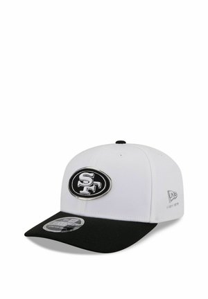 White and black baseball cap with a black oval SF logo on front and a New Era logo on the side.