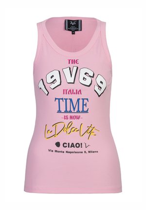 Débardeur rose côtelé avec texte multicolore comprenant "19V69", "Italia", "TIME is now", "la Dolce Vita" et "CIAO ! Via Monte Napoleone 8, Milano."