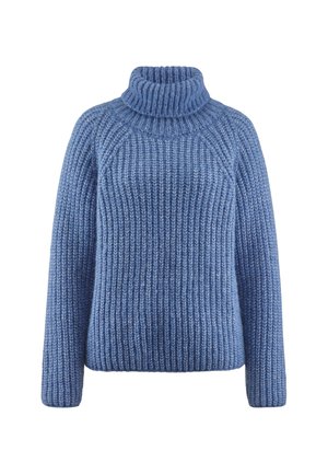 Maglione chunky blu a maglia con collo alto a coste, maniche raglan e un motivo a punto testurizzato, che offre un aspetto accogliente e caldo.