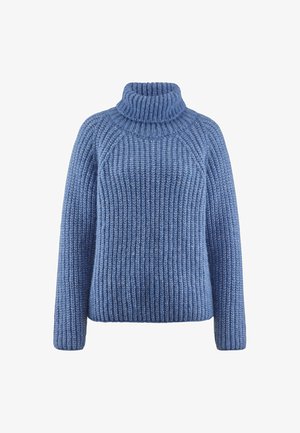 Paksu sininen neulepaita, jossa on korkea ribattu poolokaulus, raglan-hihat ja tekstuuriommelkuvio, jotka tarjoavat viihtyisän ja lämpimän ilmeen.