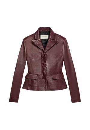 Burgundy leather jacket with a tailored fit, pointed collar, two front pockets, and button closure. Smooth texture and sleek design.