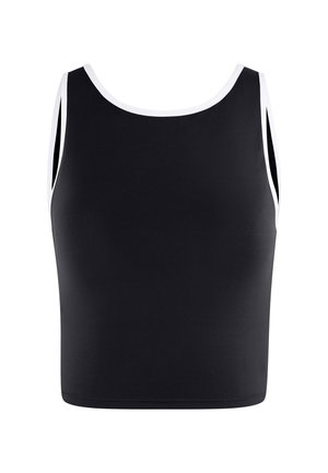 Haut court noir sans manches avec bordure blanche le long de l'encolure et des emmanchures sur fond blanc.