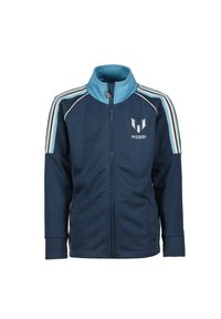 Giacca navy con zip, dettagli azzurri, spalle a righe e logo "MESSI". Realizzata in tessuto morbido con polsini elastici e tasche laterali.