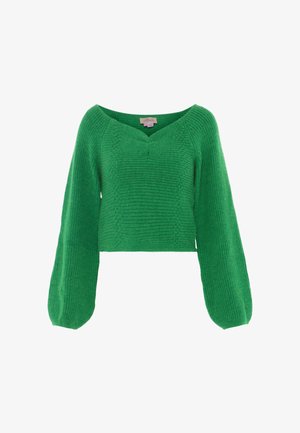 Pulover verde tricotat, scurt, cu mâneci largi, tip balon, decolteu în V și model texturat. Prezintă detalii ribedate pe brațe.
