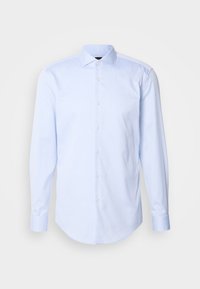Světle modrá košile s dlouhým rukávem v texturovaném vzoru, s klasickým l�ímečkem, knoflíkovou légou a zaobleným spodním lemem.