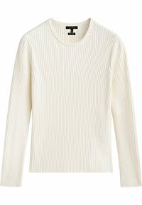 Długi top z prążkowanego materiału w kolorze off-white. Posiada okrągły dekolt i teksturowany wzór, wykonany z miękkiego, elastycznego materiału.