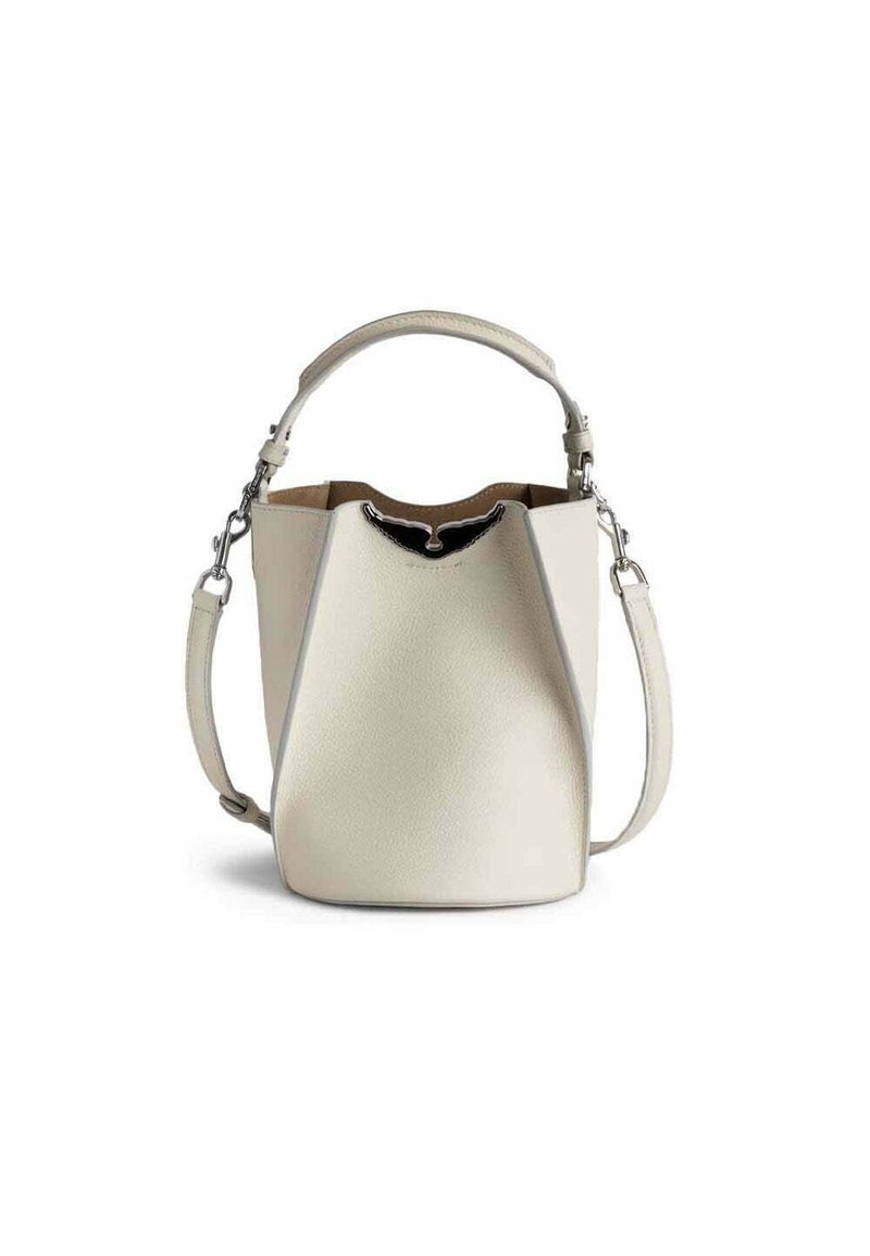 Bucket bag in creamy white textured leather with a unique top opening, adjustable shoulder strap, and distinctive black hardware accent.